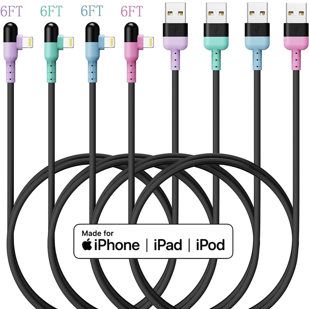 NEW! 4 Pack/Colors iPhone Charger Lightning Cables Apple MFi Certified 90 Degree